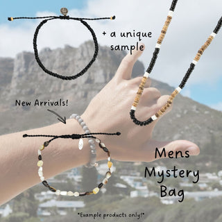 Mens themed jewellery set, featuring a black and brown wood necklace, a black wood bracelet, and a dark mother of pearl beaded bracelet as example products.